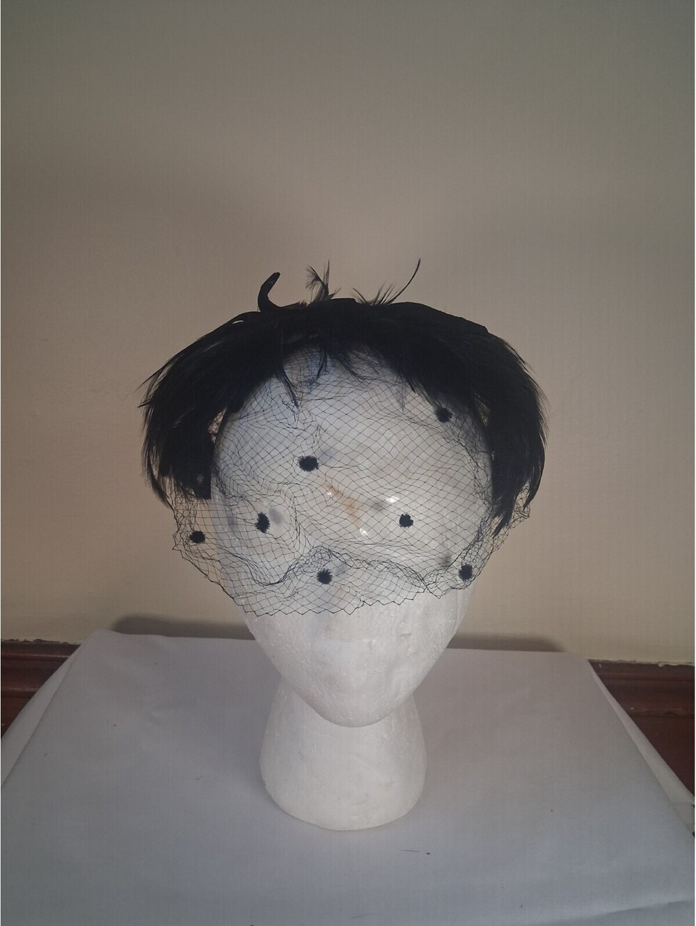 Vintage 1950s Feathered Headband. Netted Retro Hat, Flexible Size Black Velvet